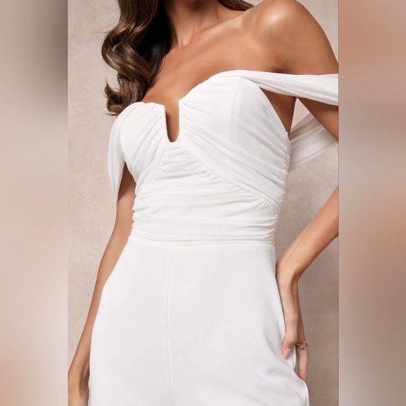 Lulus Gorgeous Fantasy White Mesh Ruched Off-the-Shoulder Jumpsuit XS Wedding - Picture 5 of 11